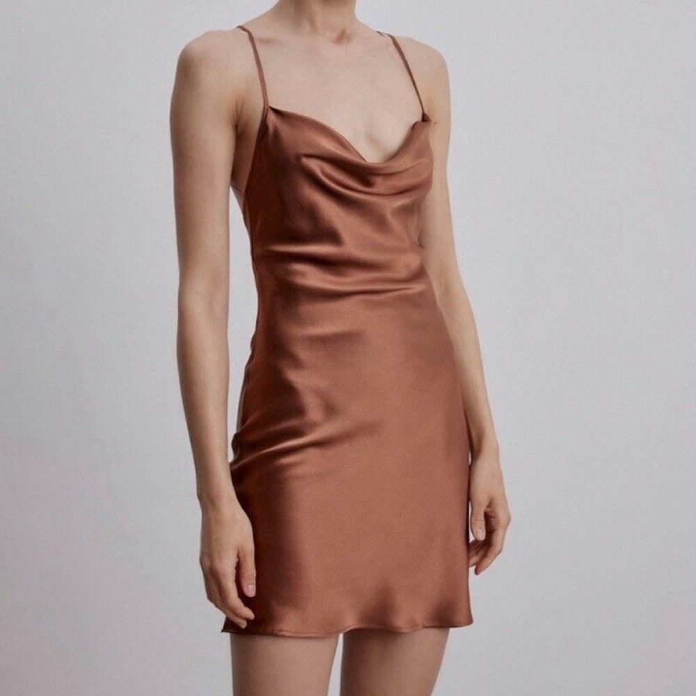 Beautiful 100% silk cowl neck dress in copper